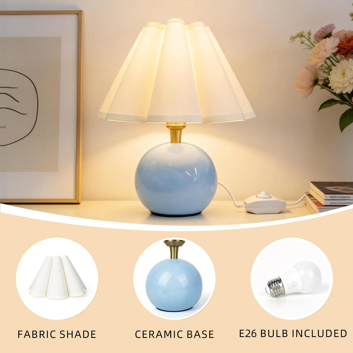 Stylish bedside lamp setup enhances nightstand decor with warm light.