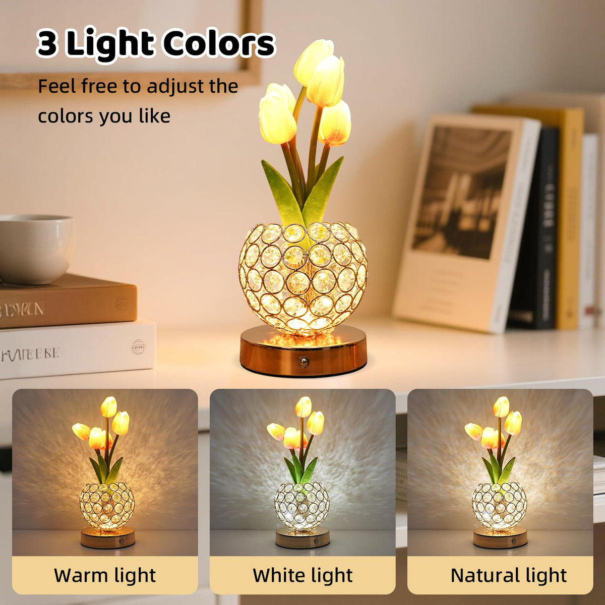 Komothala Tulip Flower Lamp 4000mAh battery for cordless use.