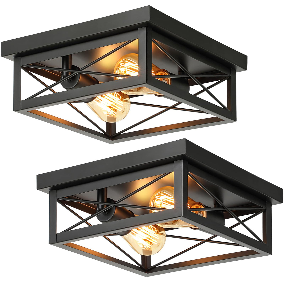 Kondras 2-light square flush mount front view; matte black finish resists rust.