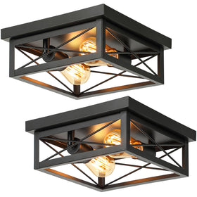 Kondras 2-light square flush mount front view; matte black finish resists rust.