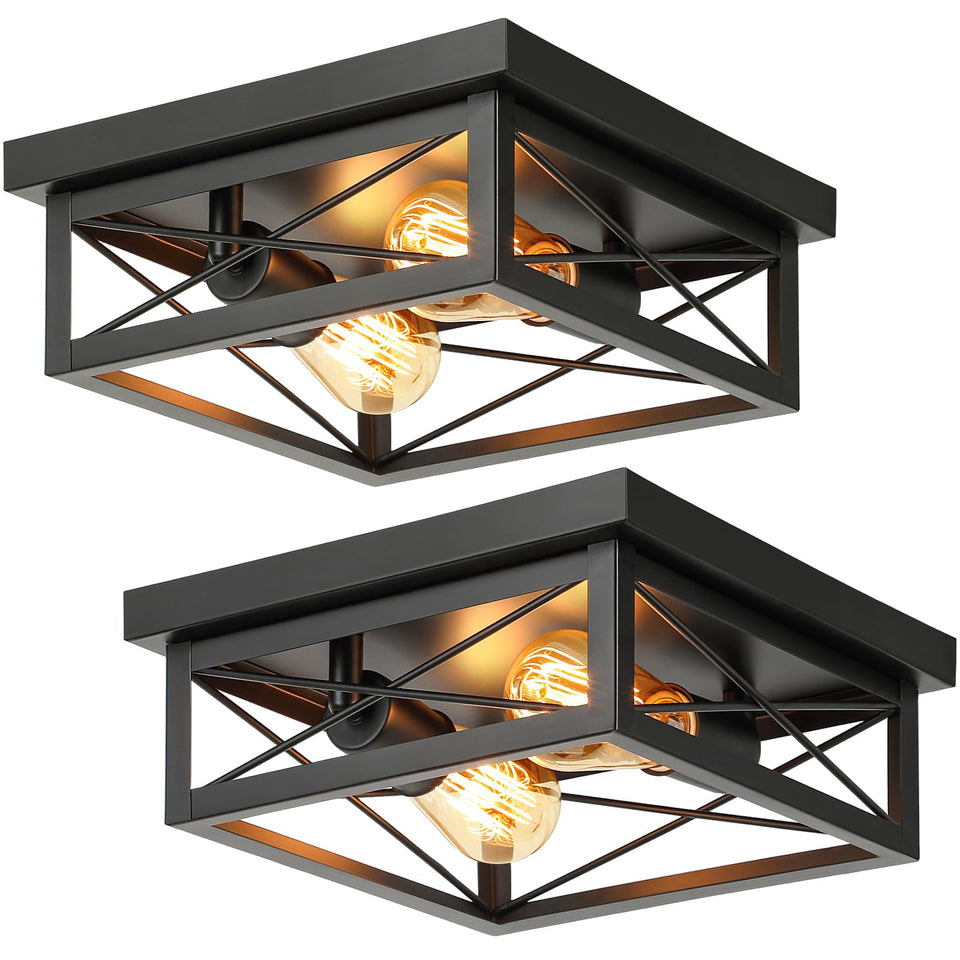 Kondras 2-light square flush mount front view; matte black finish resists rust.