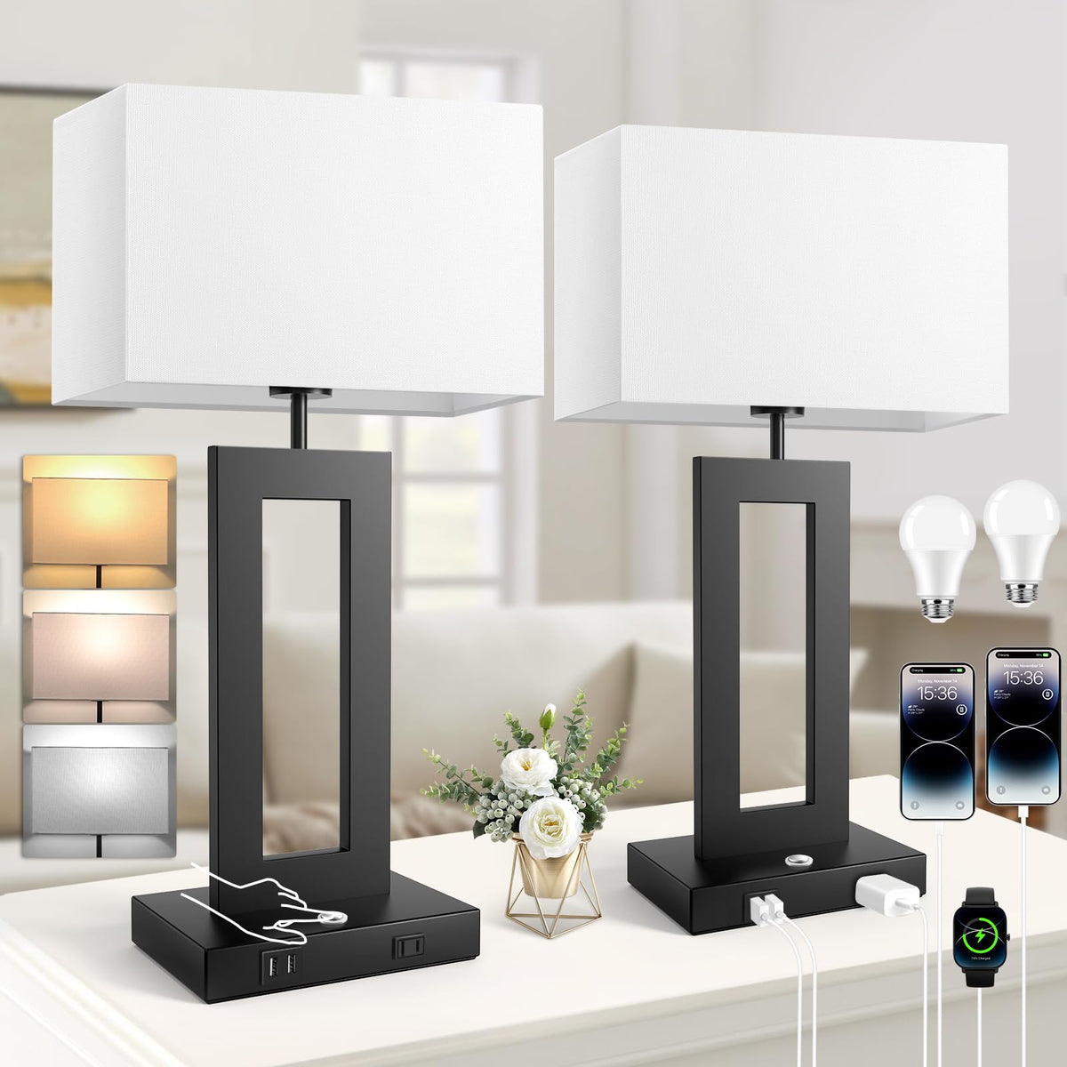 Kondras 3CCT table lamps in a bedroom set offer versatile colors for reading.