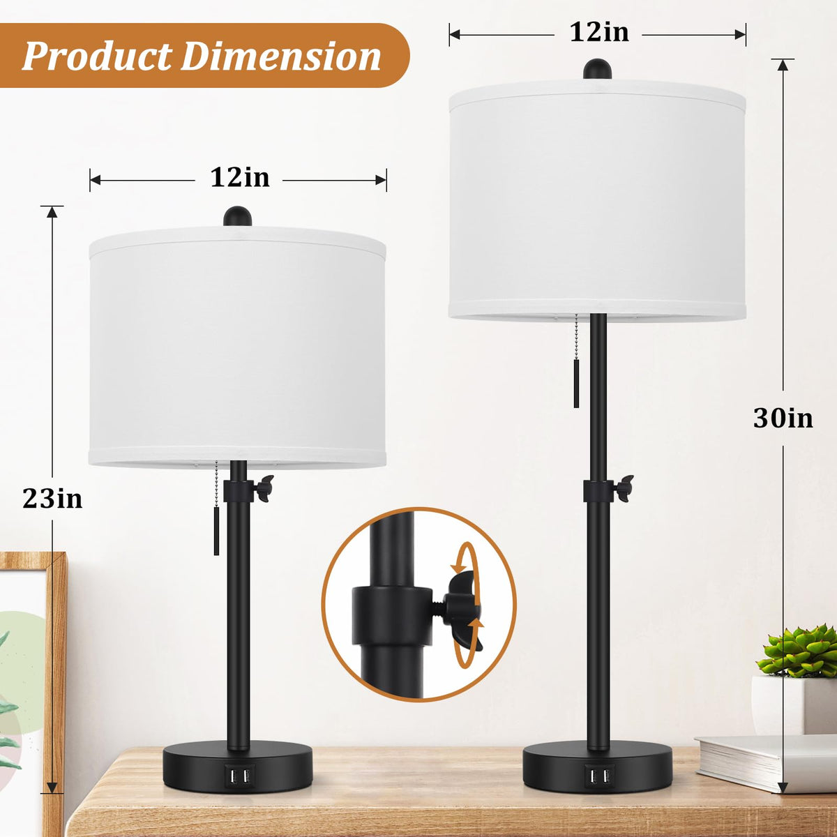 Kondras bedside lamp with dual USB ports for charging