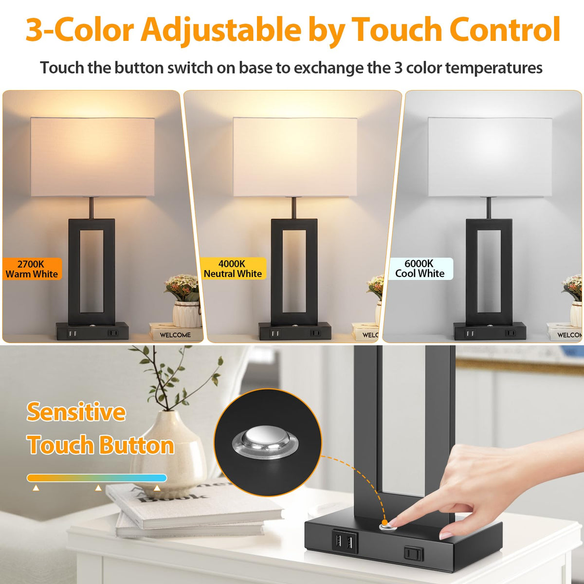 Kondras bedside lamps with a touch-control base for easy adjustments.