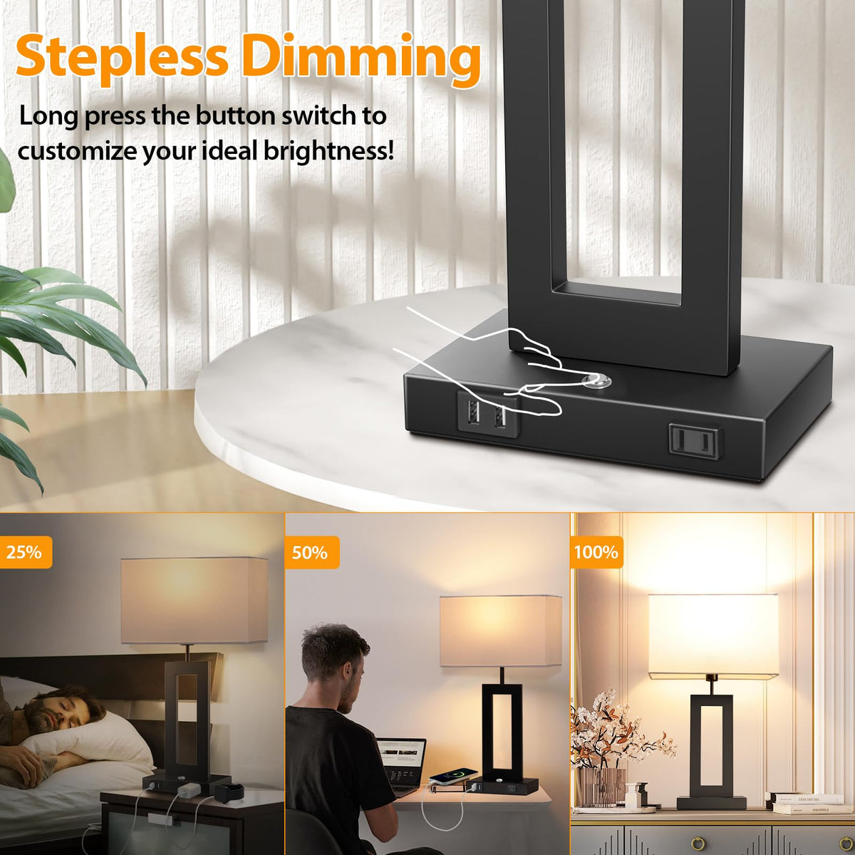 Kondras lamps showing USB ports and an AC outlet for convenient charging.
