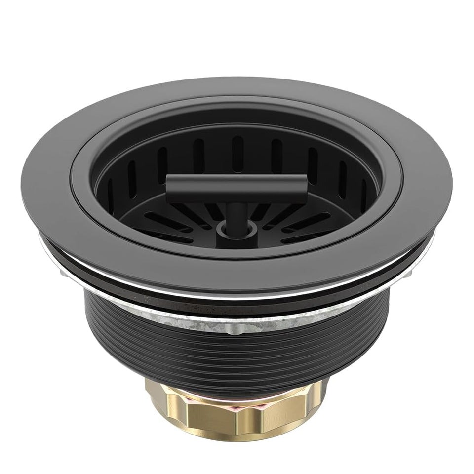 KONE black sink drain basket and stopper for easy water flow control.
