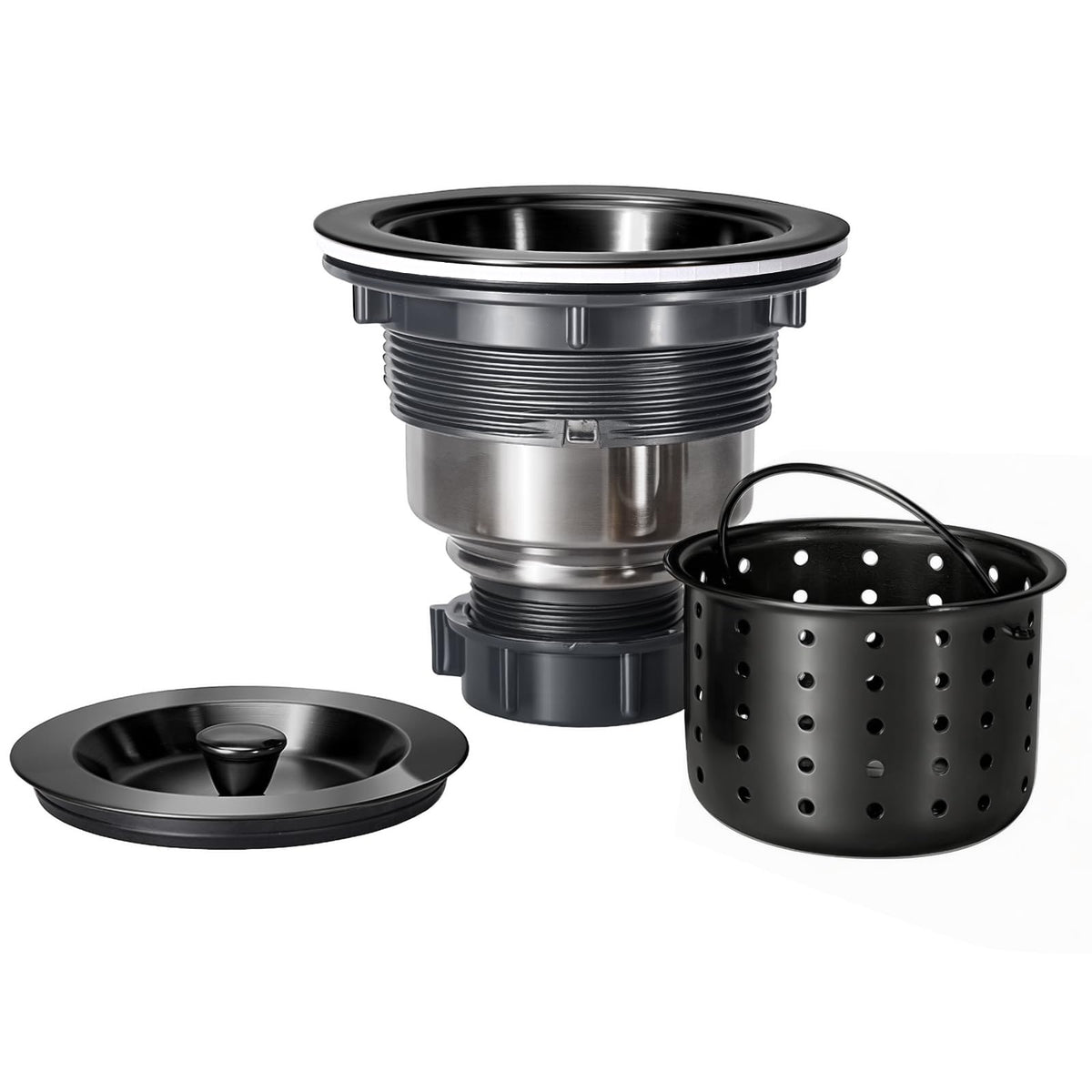 KONE sink drain assembly in black with a 3-1/2 inch opening for kitchen use.