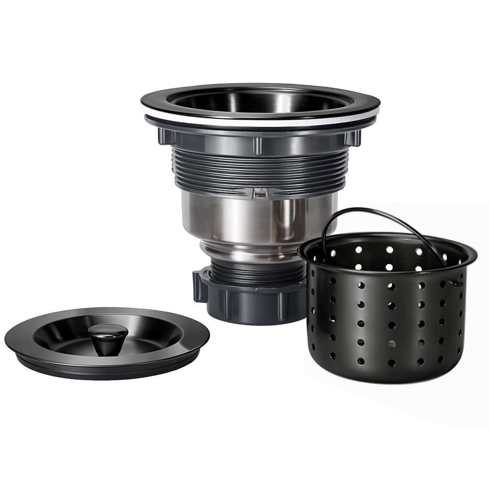 KONE sink drain assembly in black with a 3-1/2 inch opening for kitchen use.