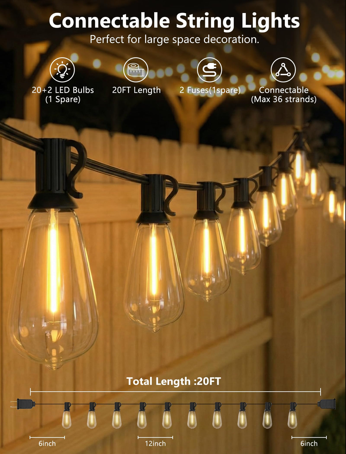 Konictom 22 ST40 vintage Edison bulbs create cozy outdoor ambiance.