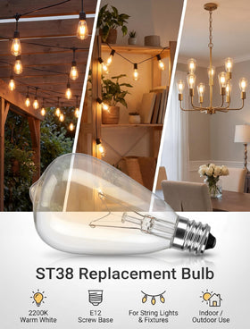 Konictom outdoor patio ambience with ST38 clear glass bulbs.