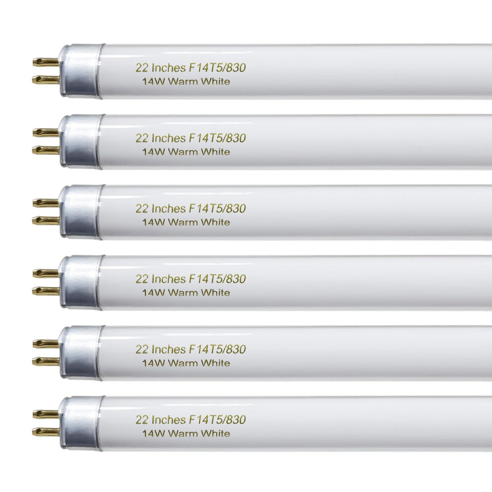 Konideke 22-inch T5 warm white bulb set, six-pack for under-cabinet lighting.