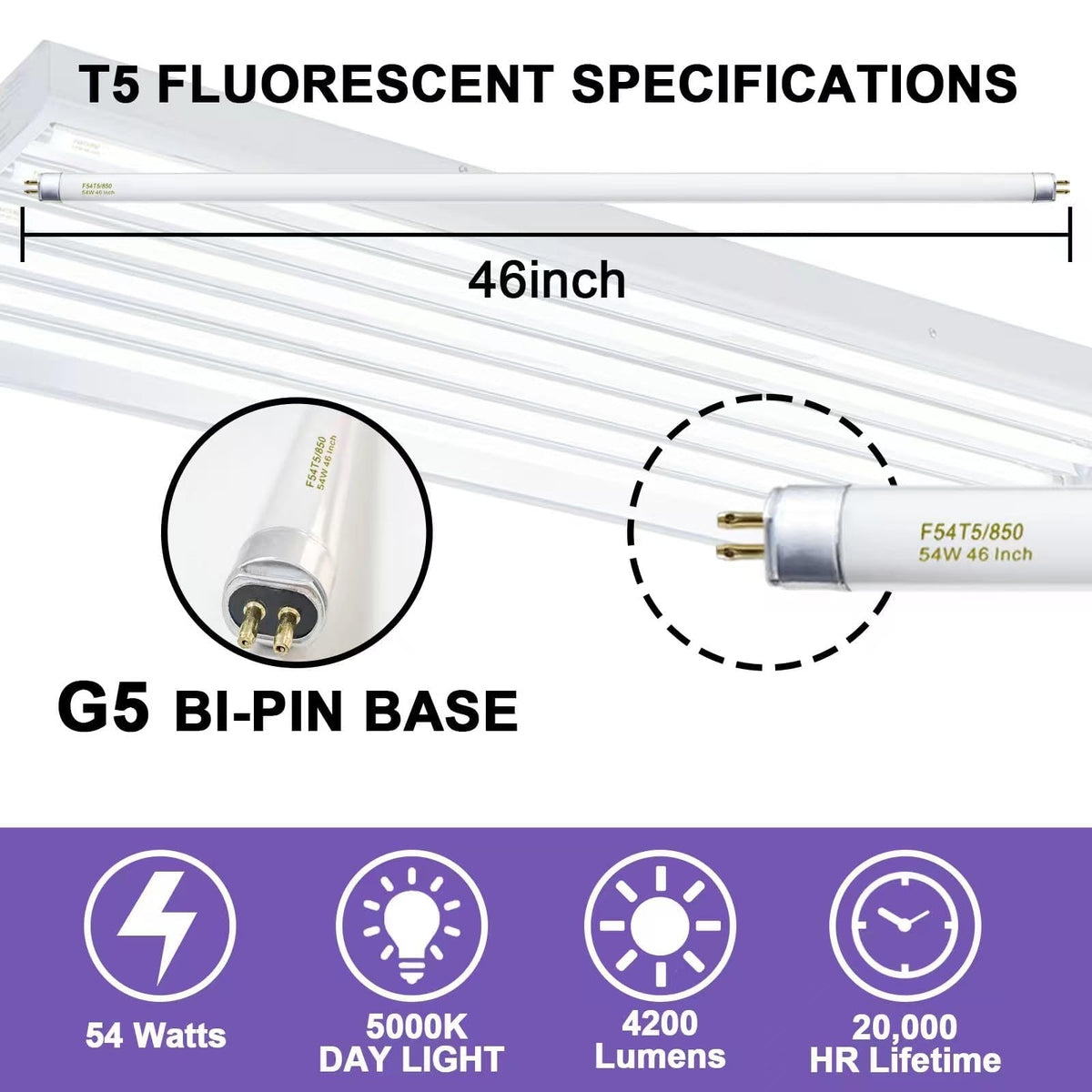 Konideke 54W high-output T5 tube with G5 base for bright efficiency