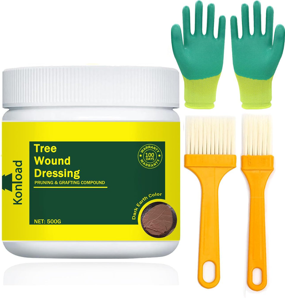Konload Tree Wound Sealer 500g bottle shows natural-brown coating protecting pruning cuts.