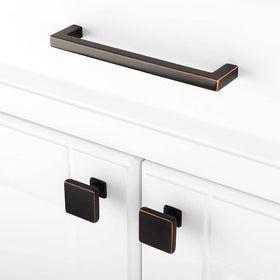 KOOFIZO bronze square knob adds a cohesive look to the bathroom vanity.