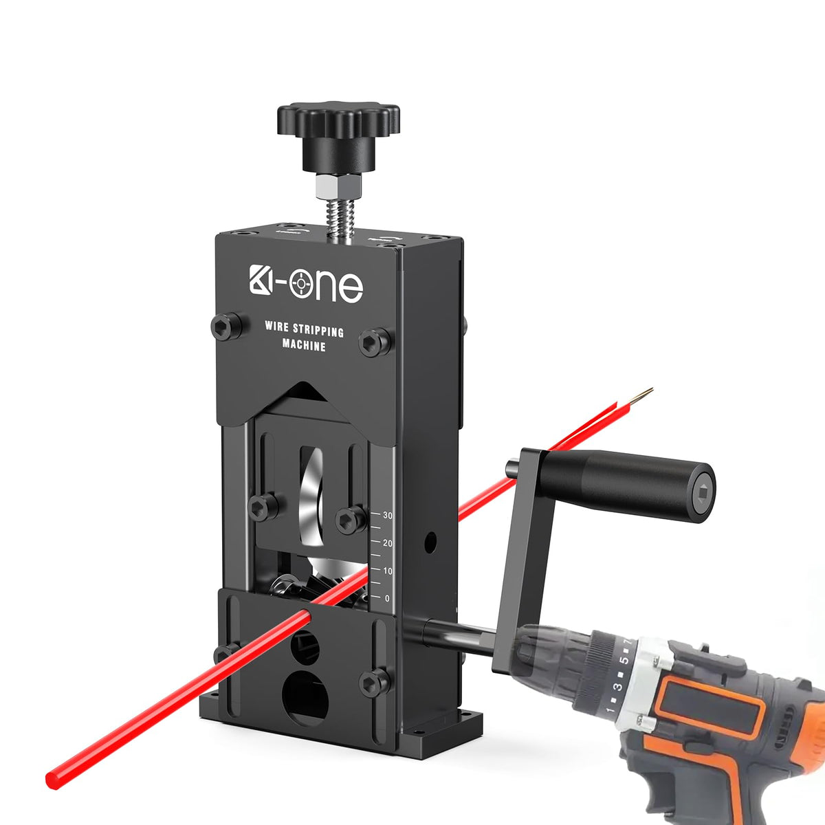 KOONE wire stripper with 3 feed holes for versatile sizing and efficient stripping.