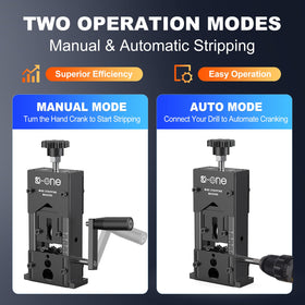 KOONE stripper supports motor and hand crank for flexible operation.