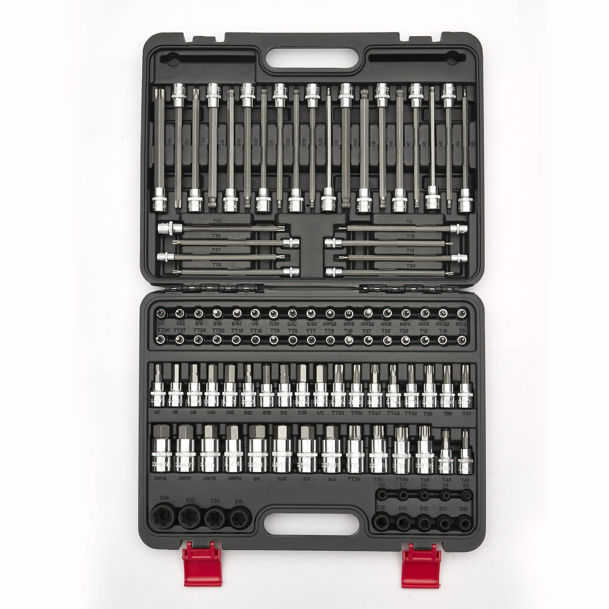 KOOPOOL 107-piece master Torx and Allen socket set in case for quick access.