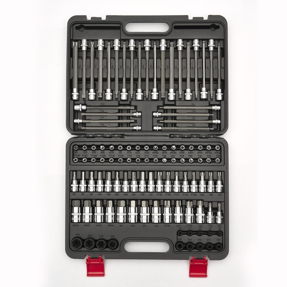 KOOPOOL 107-piece master Torx and Allen socket set in case for quick access.