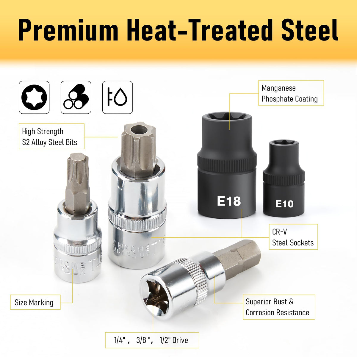 KOOPOOL E-Torx sockets with manganese phosphate coating resist corrosion.