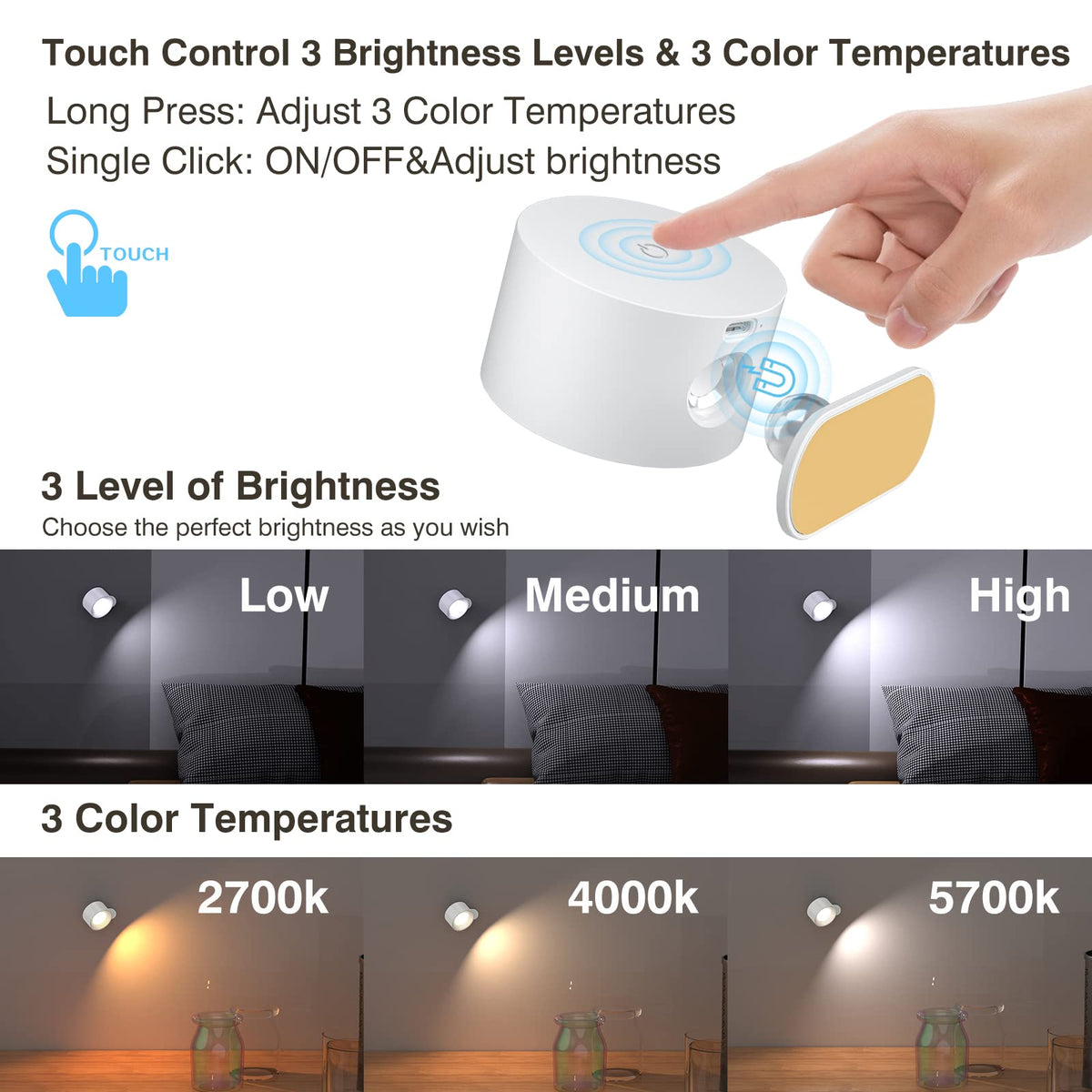Koopala cordless wall lamp with 360° rotation ideal for bedtime reading