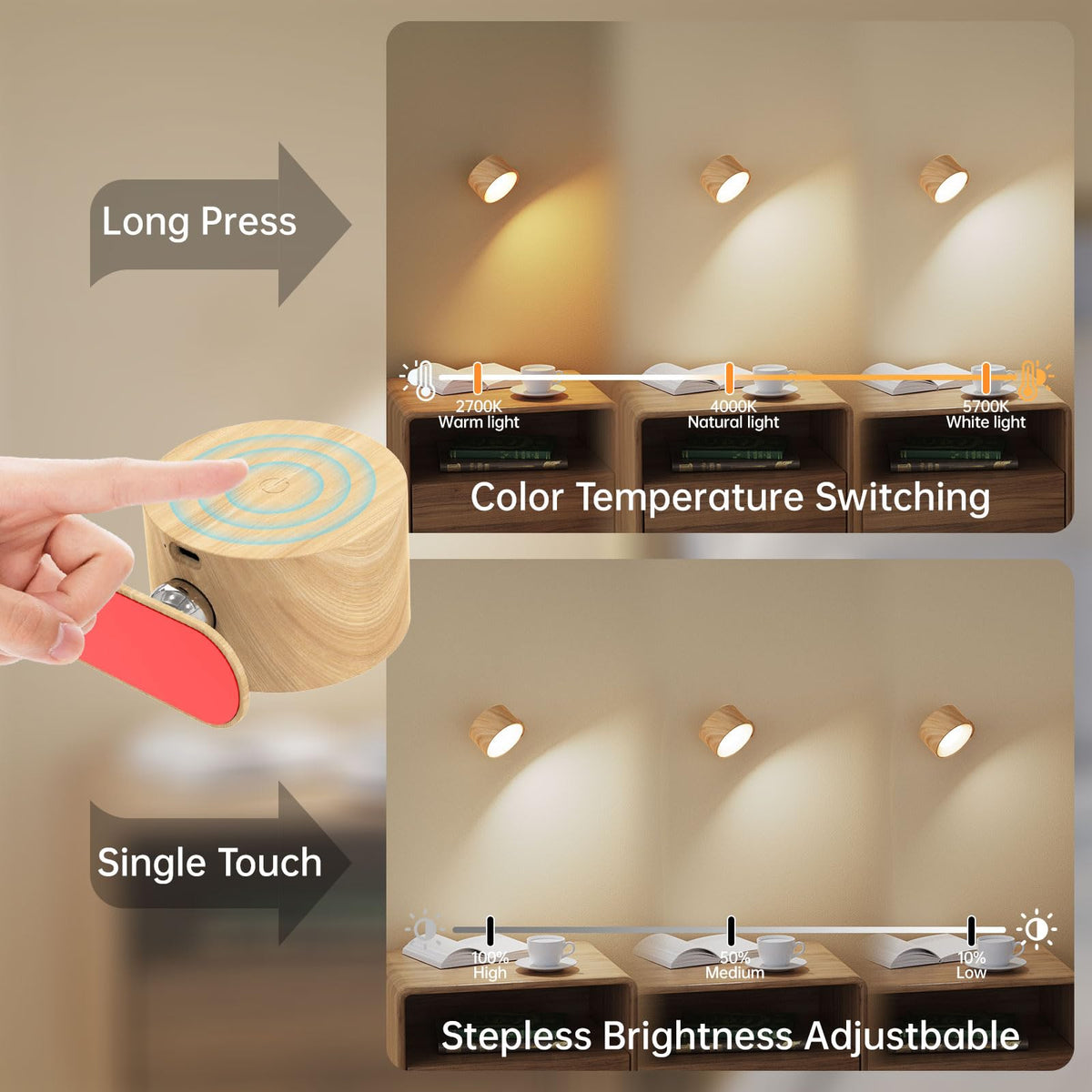 Koopala touch-control lamp with three brightness levels and three color temperatures.