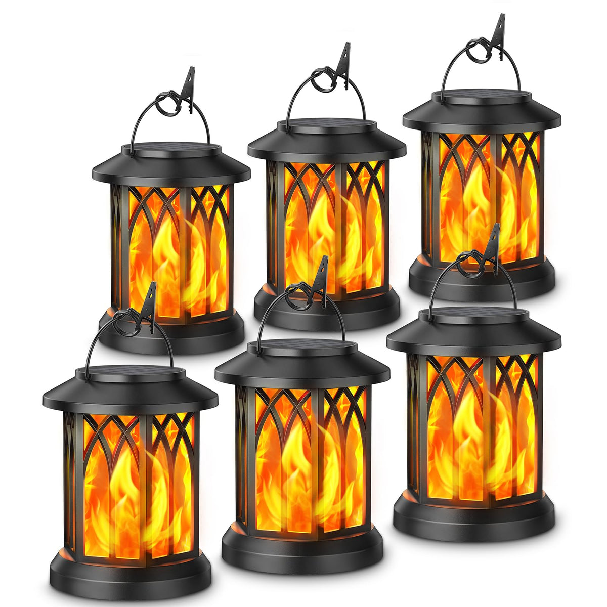 KOOPER six-pack solar lanterns with dancing flame provide elegant outdoor lighting.