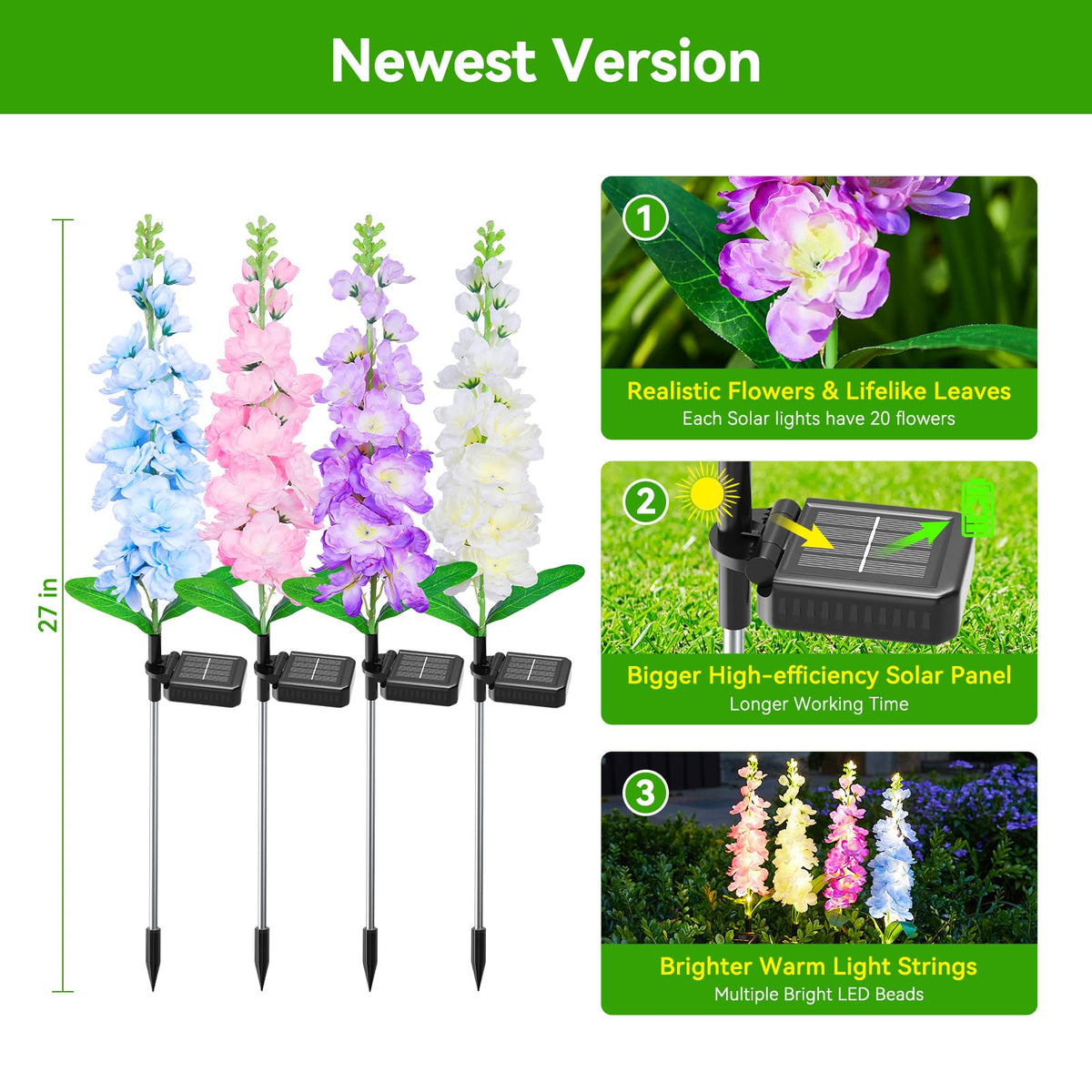 KOOPER delphinium solar light off-white side view night-time glow
