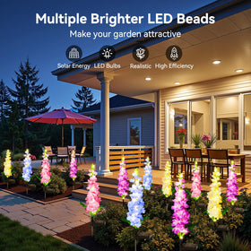 KOOPER delphinium solar light pink front view adds soft patio ambiance