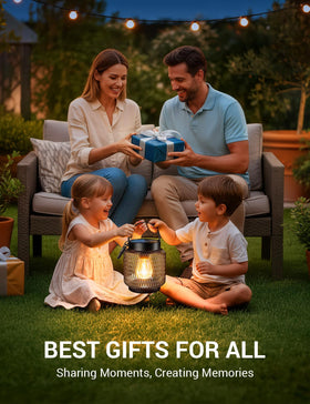 KOOPER garden lighting enhances a walk path and seating area with warm glow.