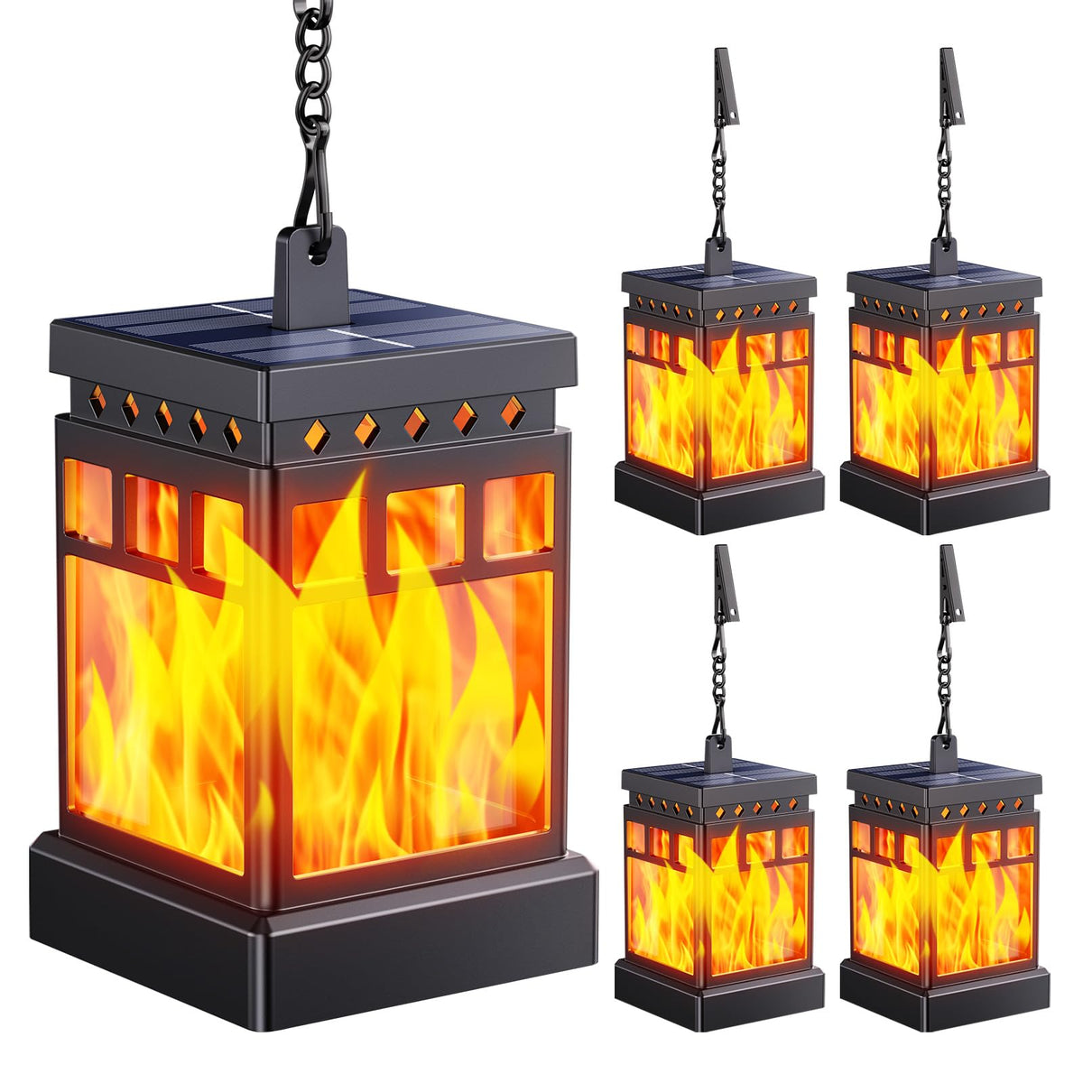 Kooper hanging solar lantern with dancing flame lighting an outdoor patio