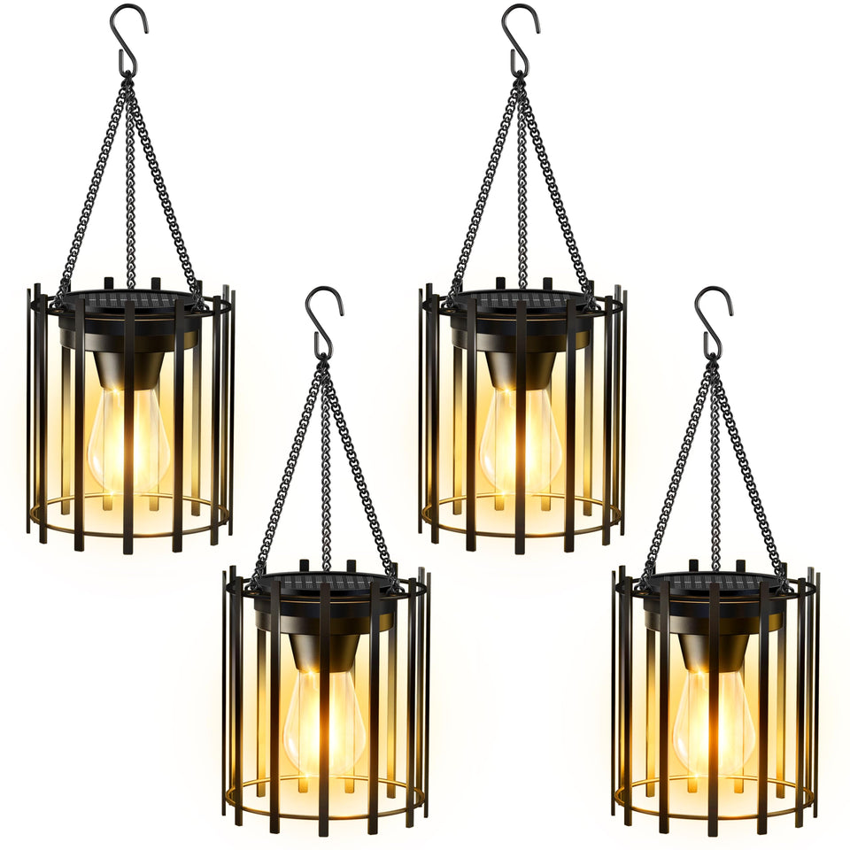 KOOPER solar lantern hanging from a tree branch for warm outdoor ambiance.