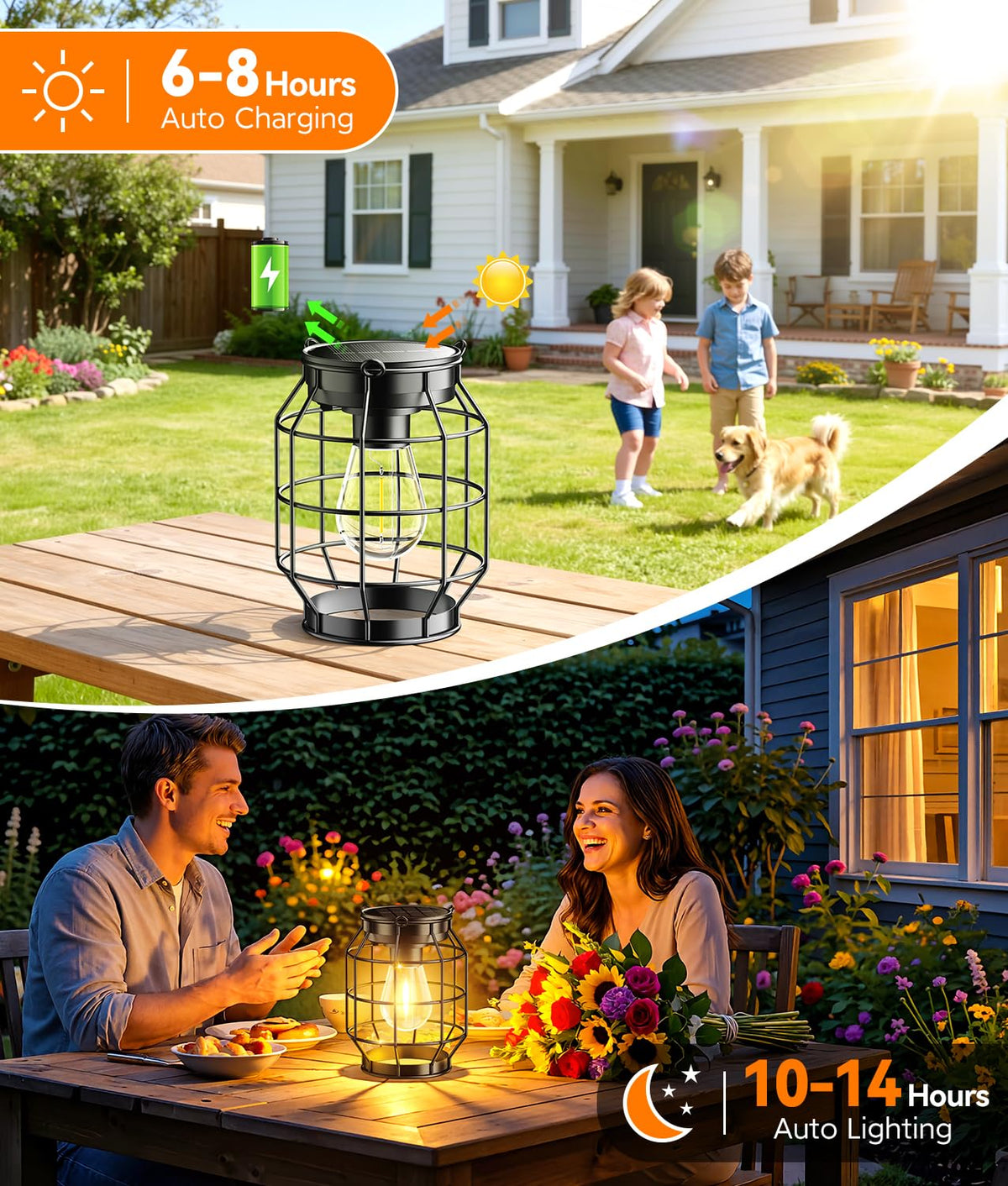 KOOPER solar lantern on a patio table offering gentle lighting for gatherings