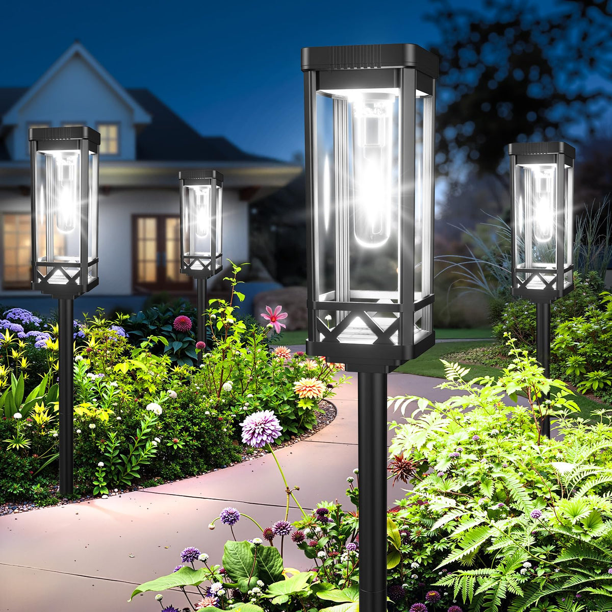 KOOPER Taller solar pathway lights with rectangular lampshade and diamond bottom for elegant nighttime ambiance.