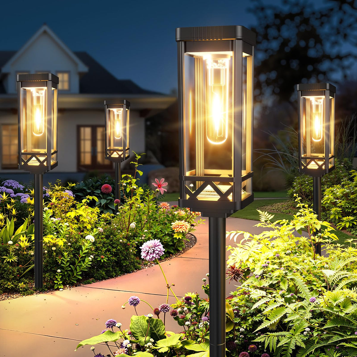 KOOPER Taller solar pathway lights with rectangular lampshade for elegant outdoor illumination along paths