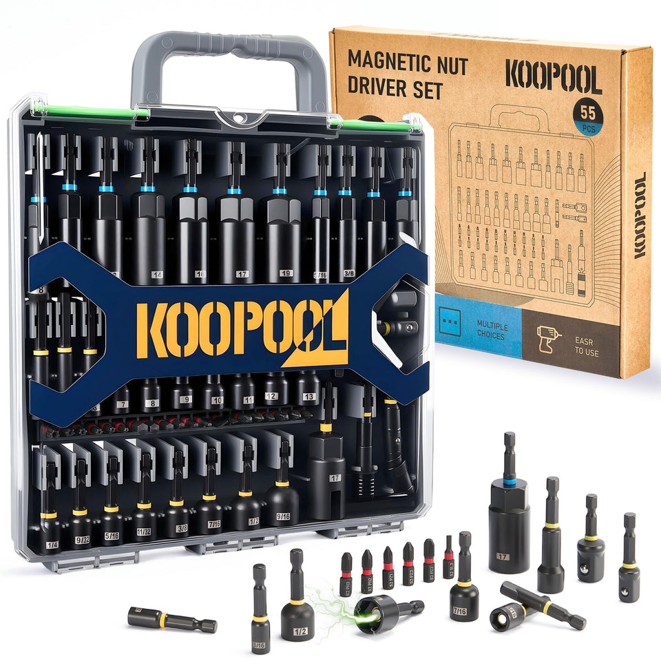 KOOPOOL magnetic socket set shown with an impact driver for quick changes.