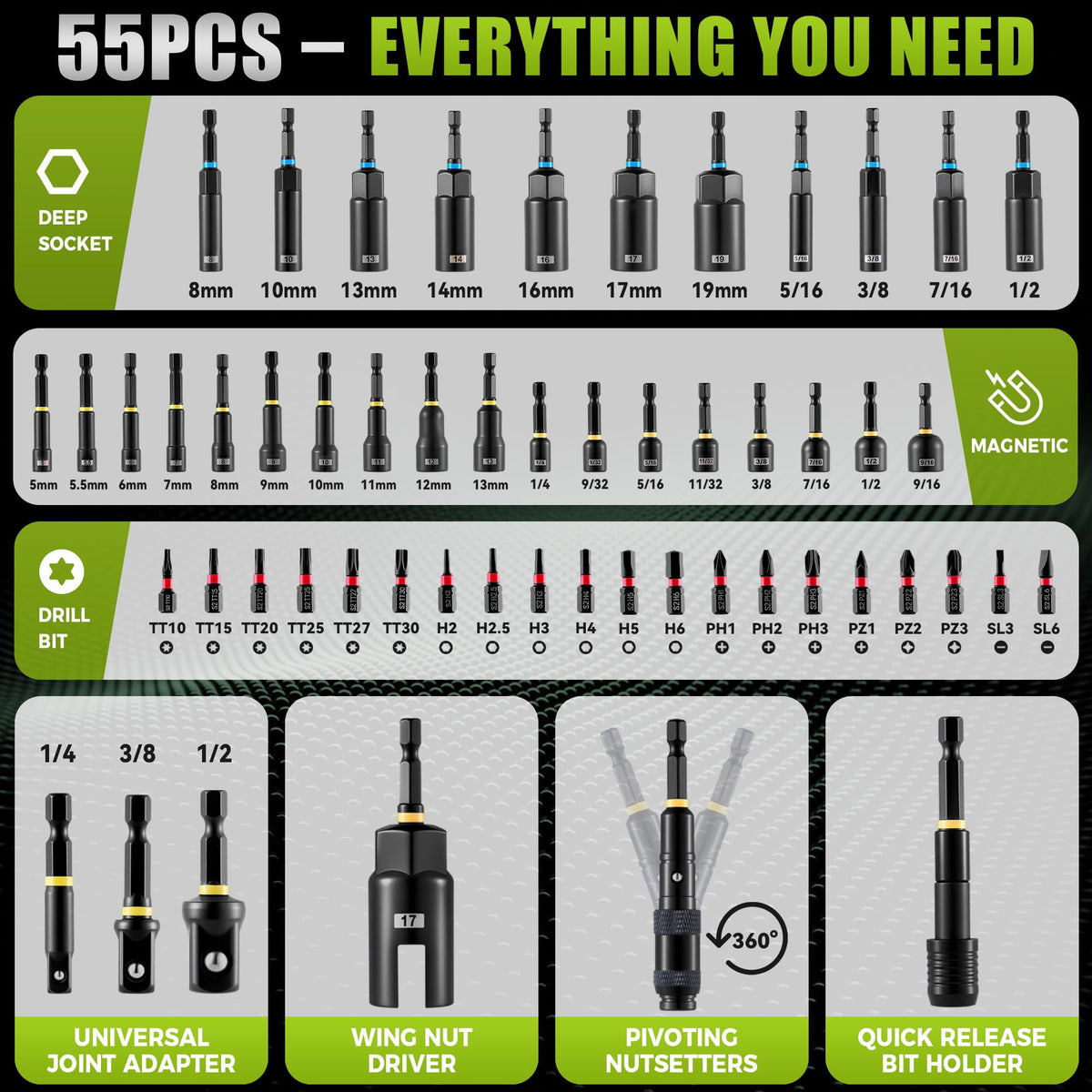 KOOPOOL socket adapters and extensions enabling versatile fastening tasks.
