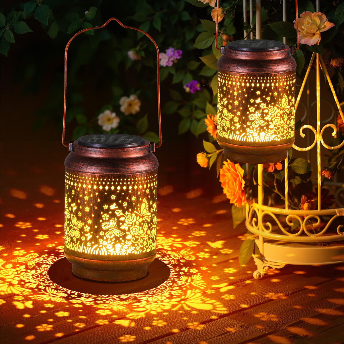 KOOPER butterfly-rose lantern front casts enchanting garden shadows at night