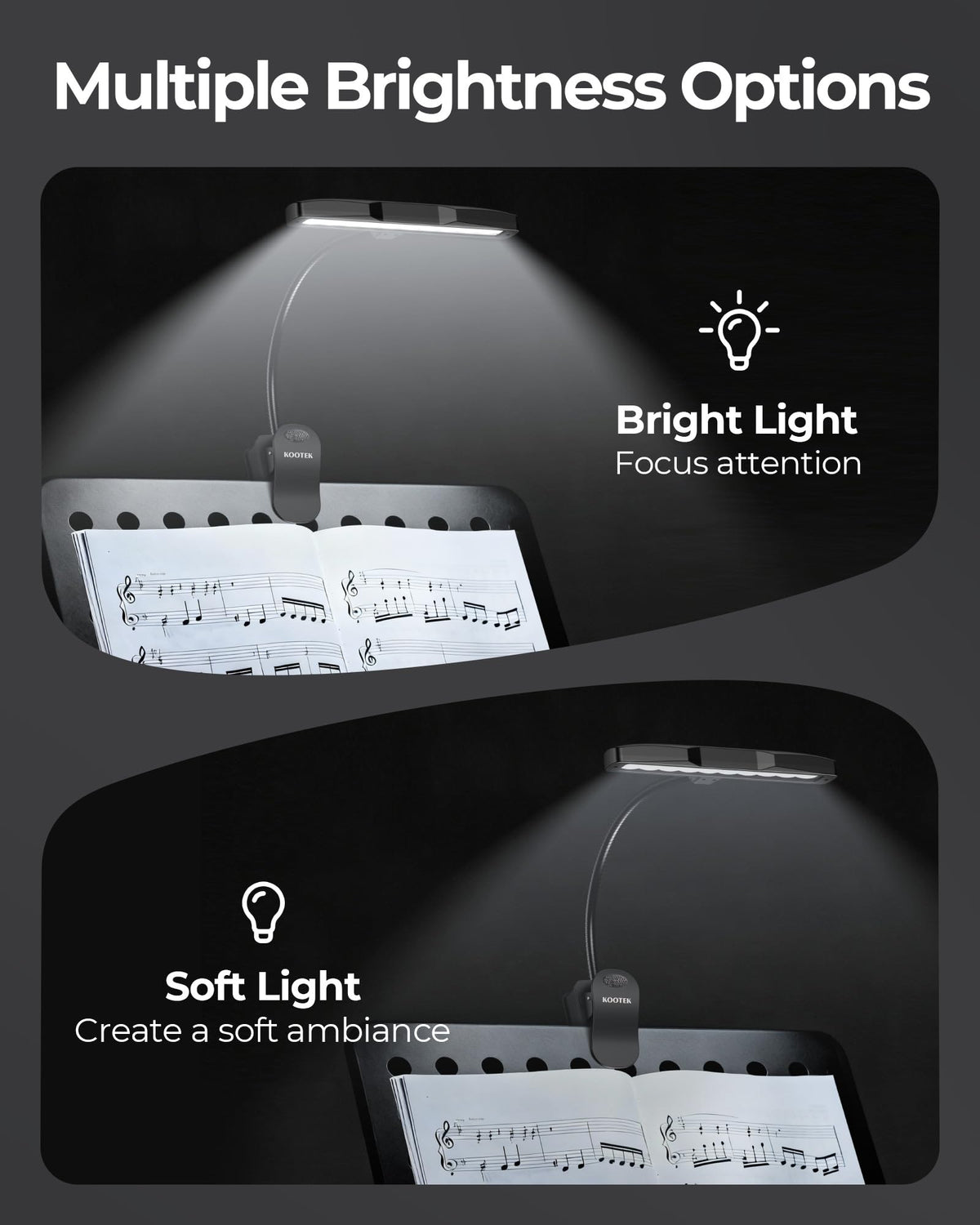 Kootek Music Stand Light brightness control button enables quick adjustments.
