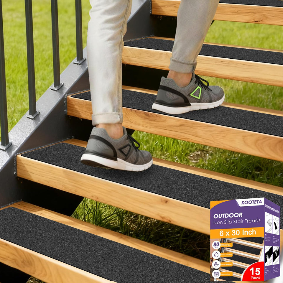 KOOTETA outdoor stair treads adhesive close-up showing strong grip on wet wood