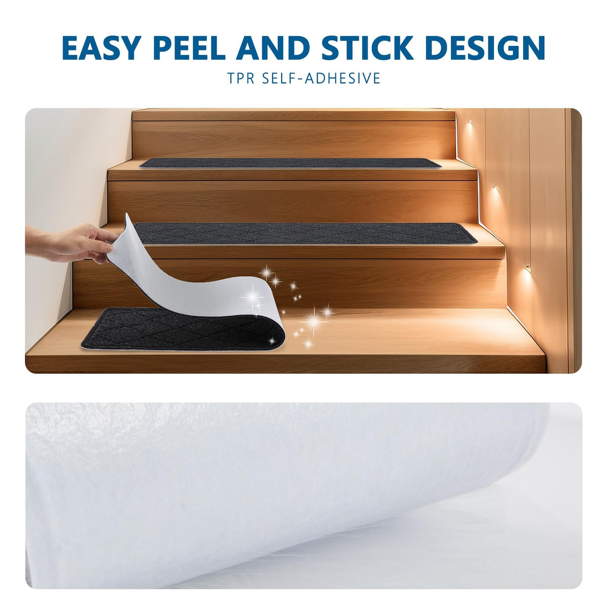 KOOTETA TPR-backed adhesion offers easy, residue-free installation on wooden, tiled, or marble stairs
