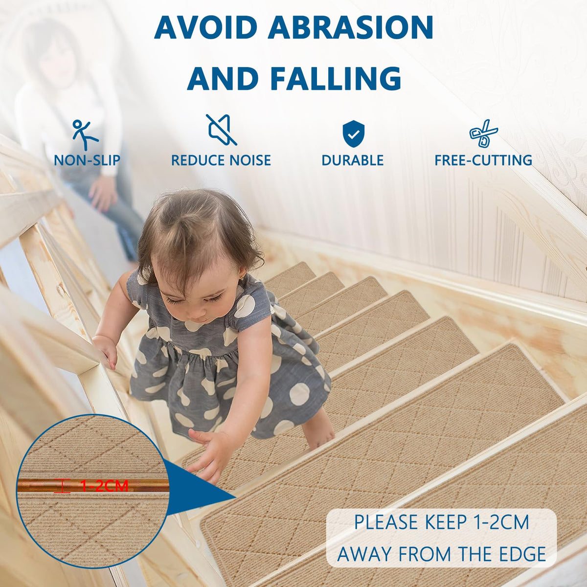 KOOTETA stair treads beige 8x30 adhesive back demonstrates easy peel-and-stick installation