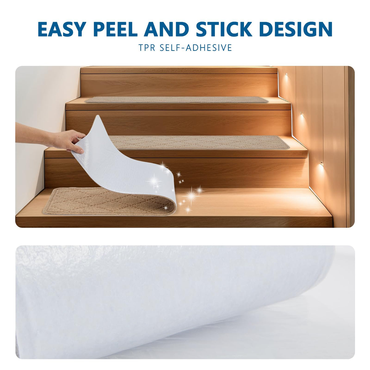 KOOTETA stair treads beige 8x30 closeup fabric shows soft durable polyester texture