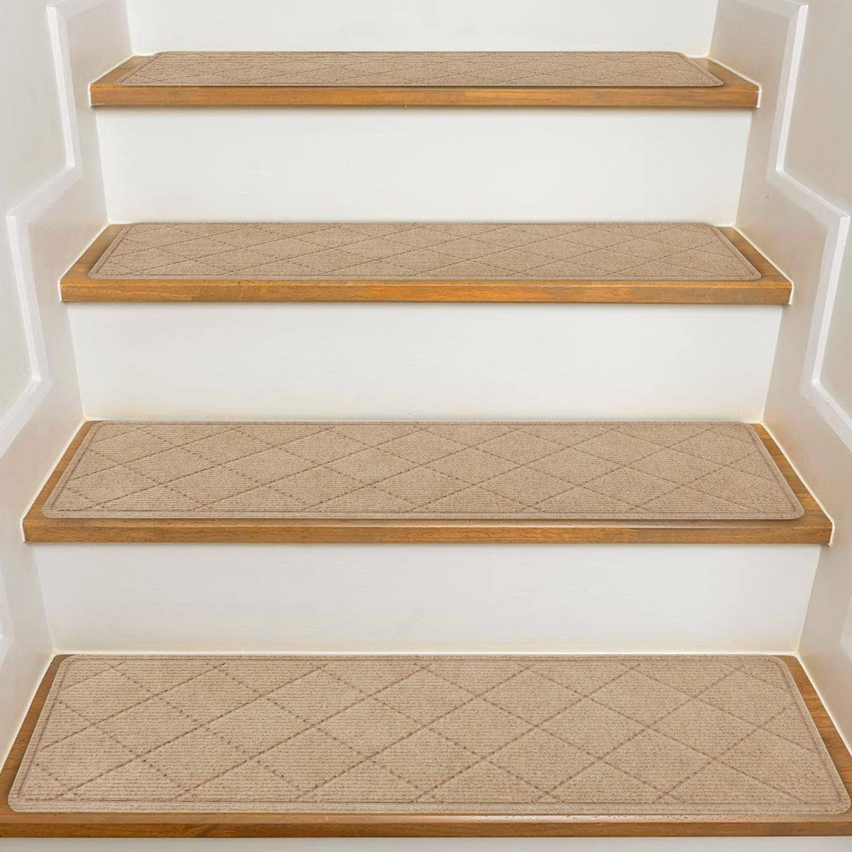 KOOTETA stair treads beige 8x30 front view improve grip on wooden stairs