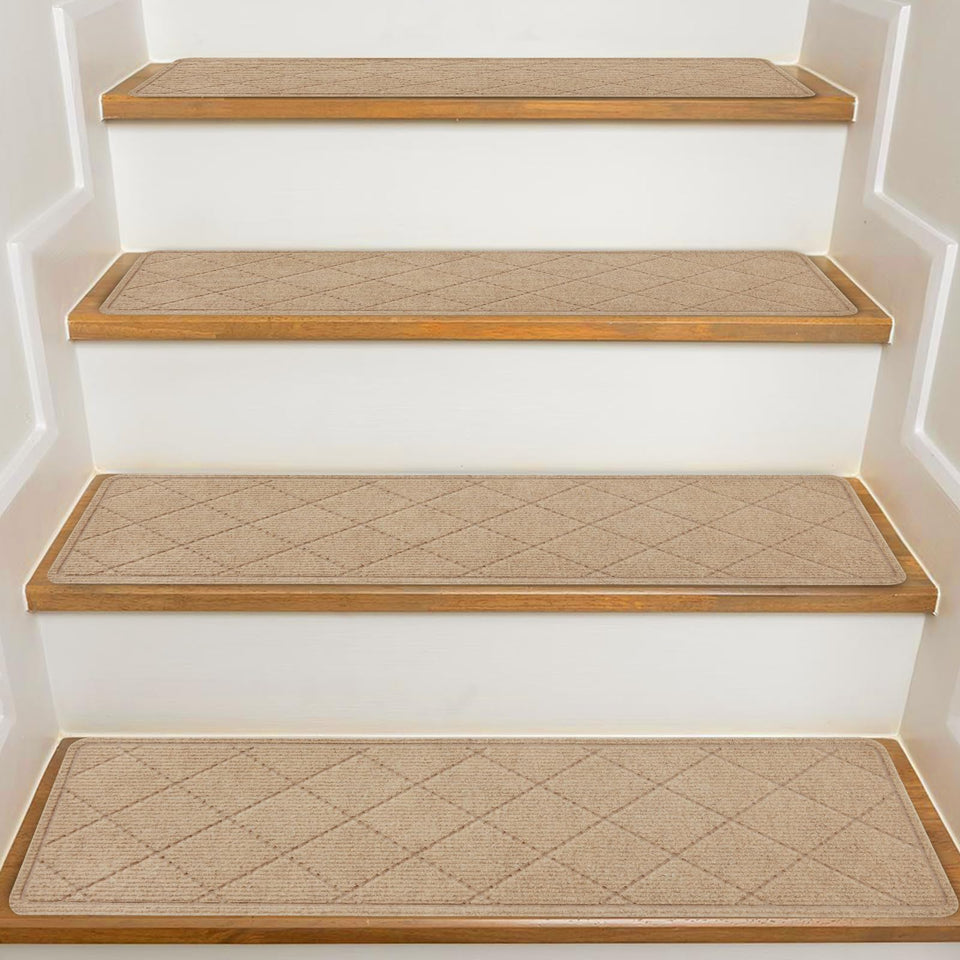 KOOTETA stair treads beige 8x30 front view improve grip on wooden stairs