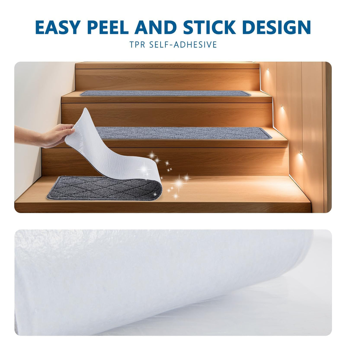 KOOTETA stair treads install in minutes with no tools required.