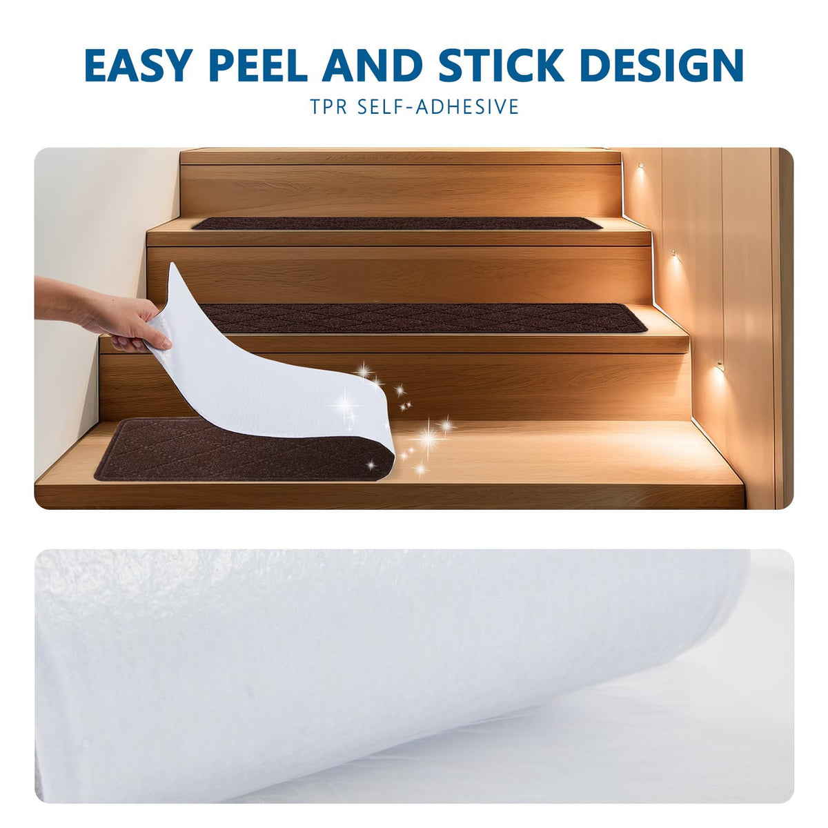 KOOTETA non-slip adhesive backing on stairs without leaving residue.