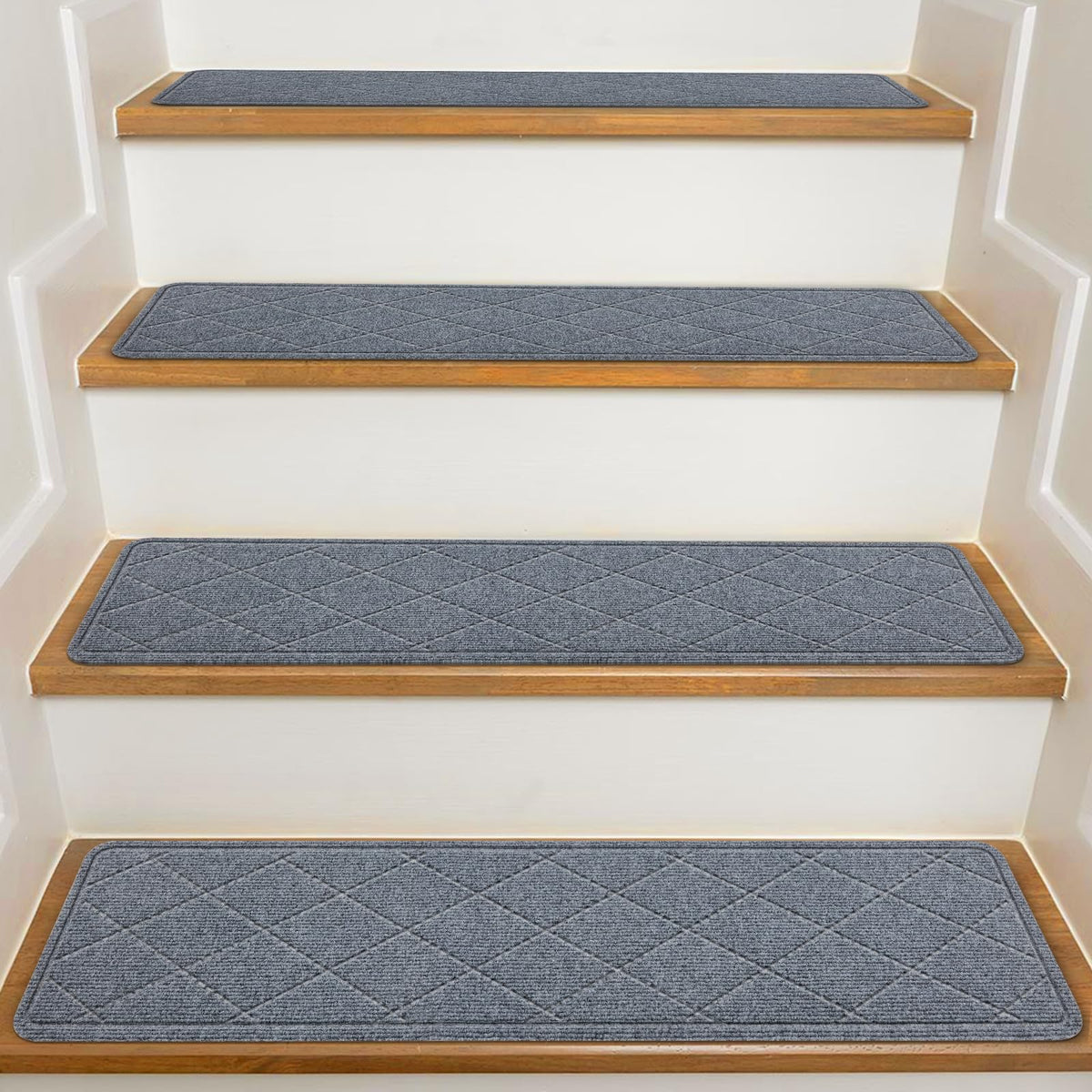 KOOTETA stair treads on wooden stairs provide anti-slip protection for family steps.