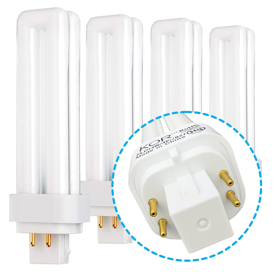 KOR 13W double-tube bulb, front view, warm ambient lighting