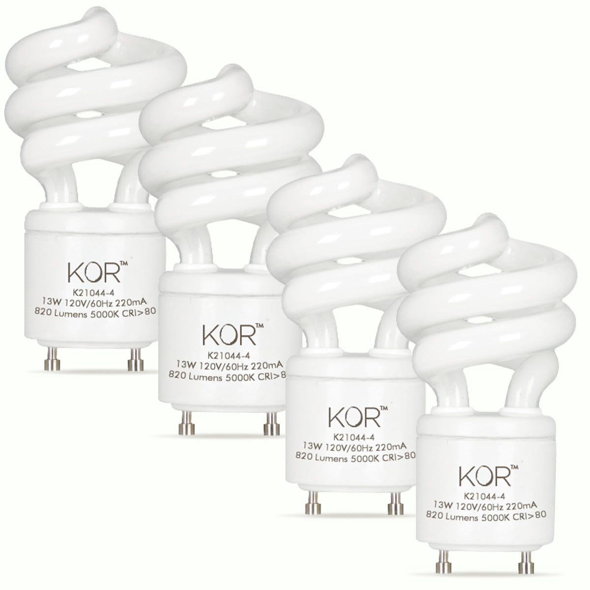 KOR 4-pack 13W mini spiral CFL bulbs ready for GU24 sockets and quick upgrade