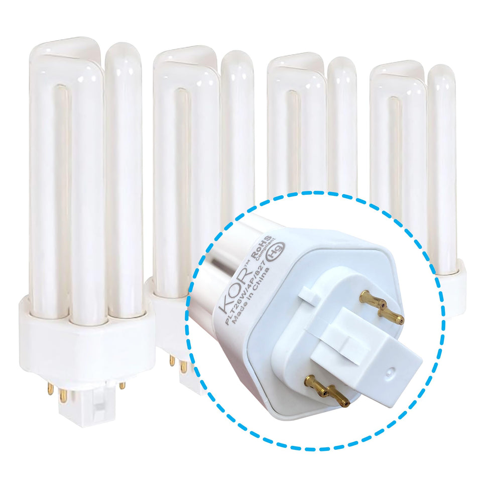 KOR K20788 four-pack front view showing compact plug-in CFL bulbs